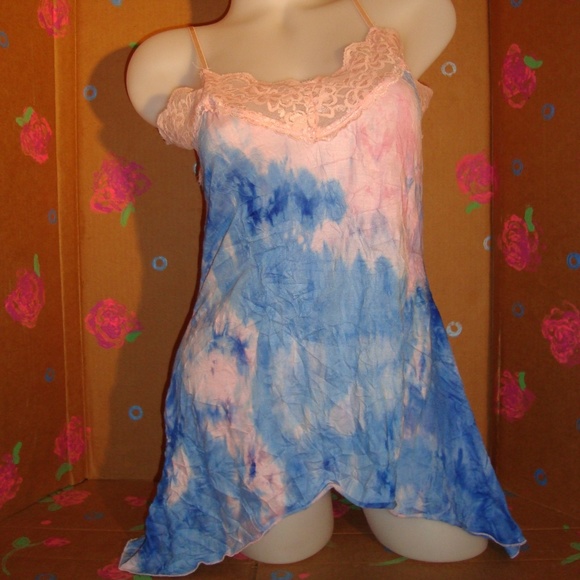Vol.1 Tops - Asymmetrical Hem Lace Tank Baby Pink & Blue Large